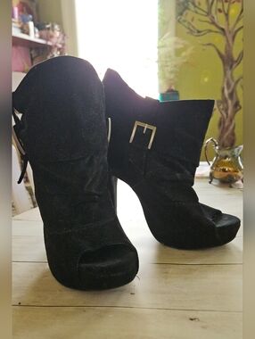 Black Suede Peep-Toe Ankle Booties with Buckle -Jessica Simpson